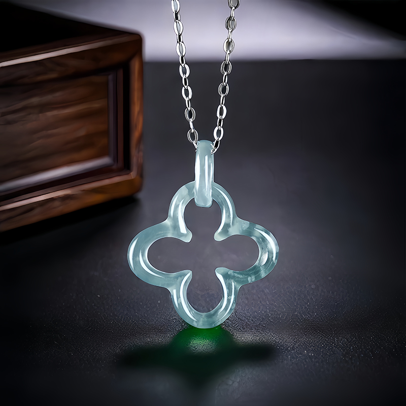 Men'S Fashion Necklaces - Blue Myanmar Jadeite Four Leaf Clover